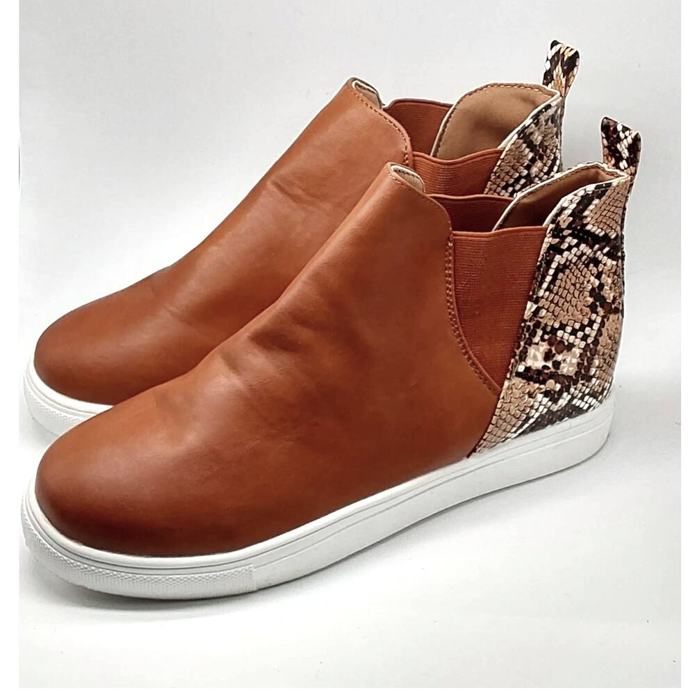 Snake Print Brown Slip On Ankle Boots